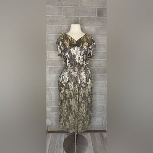 Vince Camuto Gold Black Floral Shimmer Pleated Midi Dress Size M